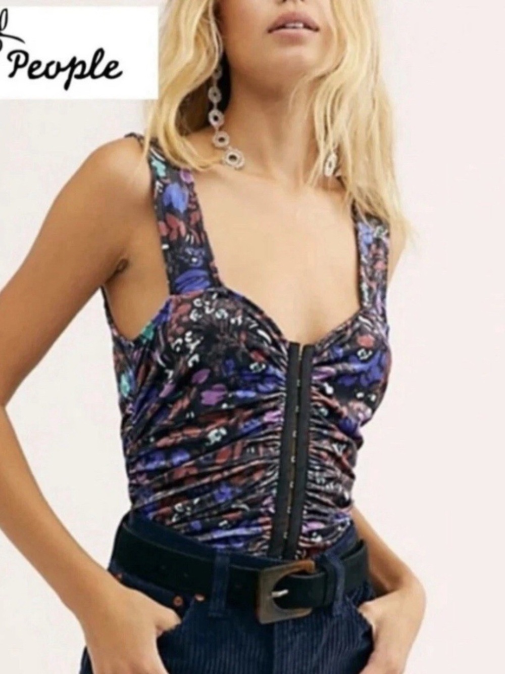 Free People Floral Corset Velour Women Tank Top Front Closure Bustier